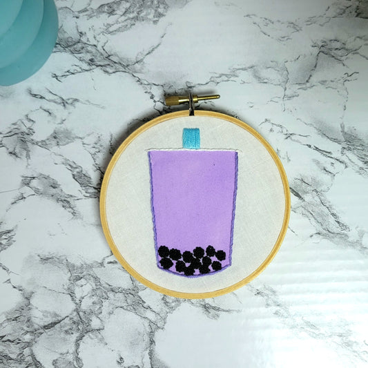Taro Boba Tea Embroidered Art - 4 Inch Hoop